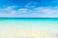 Seascape with transparent water on blue sky horison. Sea beach in Great stirrup cay, Bahamas on sunny day. Summer vacation on cari Royalty Free Stock Photo