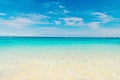 Seascape with transparent water on blue sky horison. Sea beach in Great stirrup cay, Bahamas on sunny day. Summer Royalty Free Stock Photo