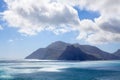 Seascape turquoise ocean water, blue sky, white clouds panorama, mountains view landscape, Cape Town, South Africa coast travel Royalty Free Stock Photo