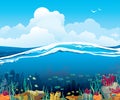 Seascape with underwater creatures and cloudy sky