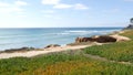 Seascape vista point, California coast USA. Ocean tide, blue sea wave overlook. Ice plant succulent. Royalty Free Stock Photo