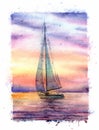 Seascape watercolor sunset with a yacht. Sunset on the sea, the ocean. Template for design, postcard, poster