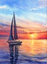Seascape watercolor sunset with a yacht. Sunset on the sea, the ocean. Template for design, postcard, poster