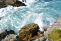 Seascape with waves breaking against the rocks, view from a cliff. Galicia, Spain.