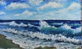 Seascape, waves of the sea, blue sky, clouds, oil painting Royalty Free Stock Photo