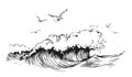 Seascape with waves and seagulls. Marine concept. Birds and sea sketch. Vector illustration in vintage engraving style