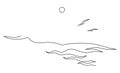 Seascape with waves, seagulls and sun. Continuous line drawing. Linear vector illustration, isolated on white background