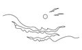 Seascape with waves, seagulls and sun. Continuous line drawing. Linear vector illustration, isolated on white background