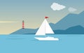 Seascape. White yacht against the background of the sea, sky and mountains. Vector illustration.