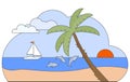 Seascape with white yacht and dolphins. Cartoon sea view with jumping dolphins and white yacht at sunset