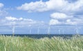 Seascape Windmill farm in the ocean, Row of floating wind turbines, Landscape offshore wind turbines in Middlebrough, United