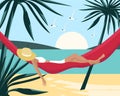 Seascape. Woman resting in a hammock on the sea with palm trees. Summer illustration, poster