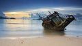 Seascape with Wreck ship at sunrise Royalty Free Stock Photo