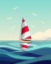 Seascape with a yacht, a yacht with a red and white sail and seagulls background of the sea with clouds. Clip art, wall art Royalty Free Stock Photo