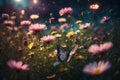 Enchanting Moonlit Meadow - the butterfly between the flowers - AI generated image