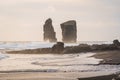 Seascapes at sunset, with rocks on the sea surface. Mosteiros Beach on Sao Miguel Island, Azores, Portugal Royalty Free Stock Photo