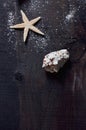 Seashell with an asterisk and salt on a dark wood background