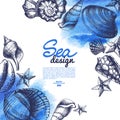 Seashell background. Sea nautical design. Hand drawn sketch and watercolor vector illustration