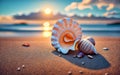 A seashell on the beach at sunset, Still life, Minimalist, Generative Ai