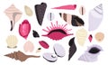 Seashell collection. Cartoon shellfish and coral, summer beach and ocean diving concept, mollusk icons flat style