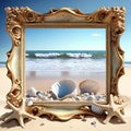 Seashell Collection Frame on the Beach. Generative AI Royalty Free Stock Photo