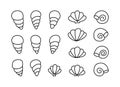 Seashell doodle icons set. Contour elements, cartoon design. Black hand drawn illustration of different ocean shells. Linear flat Royalty Free Stock Photo