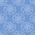 Seashell fossil seamless pattern in line art style on blue background. Undersea ocean print design for fabrics