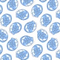 Seashell fossil seamless pattern in line art style. Undersea summer print in blue color for fabrics, wallpaper, fish