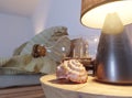 Seashell in interior scene with lamp and ship in the bottle