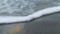 Seashell lying on the sand of the beach, half buried in the sand as the the sea wave hits it, and sea waves in the back. Royalty Free Stock Photo