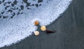 Seashell lying on the sand of the beach, half buried in the sand as the the sea wave hits it, and sea waves in the back. Royalty Free Stock Photo