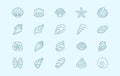 Seashell, oyster, scallop line icons. Vector illustration included icon as nautilus, spiral shell, starfish blue outline