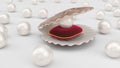 Seashell with pearls inside on red velvet pillow. Gems, women`s jewelry, nacre beads. For your banner, poster, logo