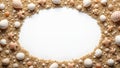 Seashell and pebble frame on sandy beach background Royalty Free Stock Photo