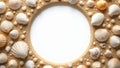 Seashell and pebble frame on sandy beach background Royalty Free Stock Photo