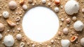 Seashell and pebble frame on sandy beach background Royalty Free Stock Photo