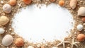 Seashell and pebble frame on sandy beach background Royalty Free Stock Photo