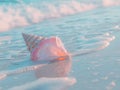 A seashell is positioned in the center of the frame on the sandy shore, slightly tilted with its tip upward Royalty Free Stock Photo