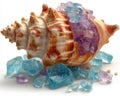 Seashell with Purple and Blue Crystals on White Background Royalty Free Stock Photo