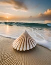 Seashell on the sand on the edge of the ocean at sunset Royalty Free Stock Photo