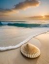 Seashell on the sand on the edge of the ocean at sunset Royalty Free Stock Photo