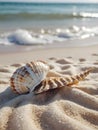 Seashell on Sandy Beach. A close-up of a conch shell resting on the soft sand of a beach Royalty Free Stock Photo
