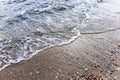 Seashell on the sandy beach with ocean tidal waves breaking on a sand beach splashing Royalty Free Stock Photo