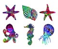Seashell, sea star, octopus, seahorse and nautilus collection isolated illustration, hand painted colorful watercolor Royalty Free Stock Photo