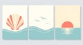Seashell Seagulls Sunset Triptych Minimalist Art scallop shell Royalty Free Stock Photo