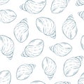 Seashell seamless pattern in line art style. Undersea shell repeat texture design. Hand drawn summer illustration