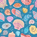 Seashell seamless pattern. Summer ocean print with clam shells, oysters, scallops and shellfish. Marine mollusk Royalty Free Stock Photo