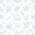 Seashell seamless pattern. Vector background included line icons as ocean sea shells, scallop, starfish, clam, oyster