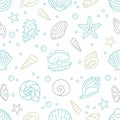 Seashell seamless pattern. Vector background included line icons as ocean sea shells, scallop, starfish, clam, oyster Royalty Free Stock Photo