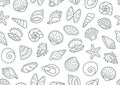 Seashell seamless pattern. Vector background included line icons as ocean sea shells, scallop, starfish, clam, oyster